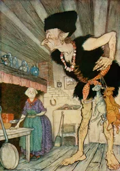 «Fee fi fo fum, cheiro o sangue de um inglês», ilustração de João e o pé de feijão, de Contos de fadas ingleses recontados por F.A. Steel, 1927